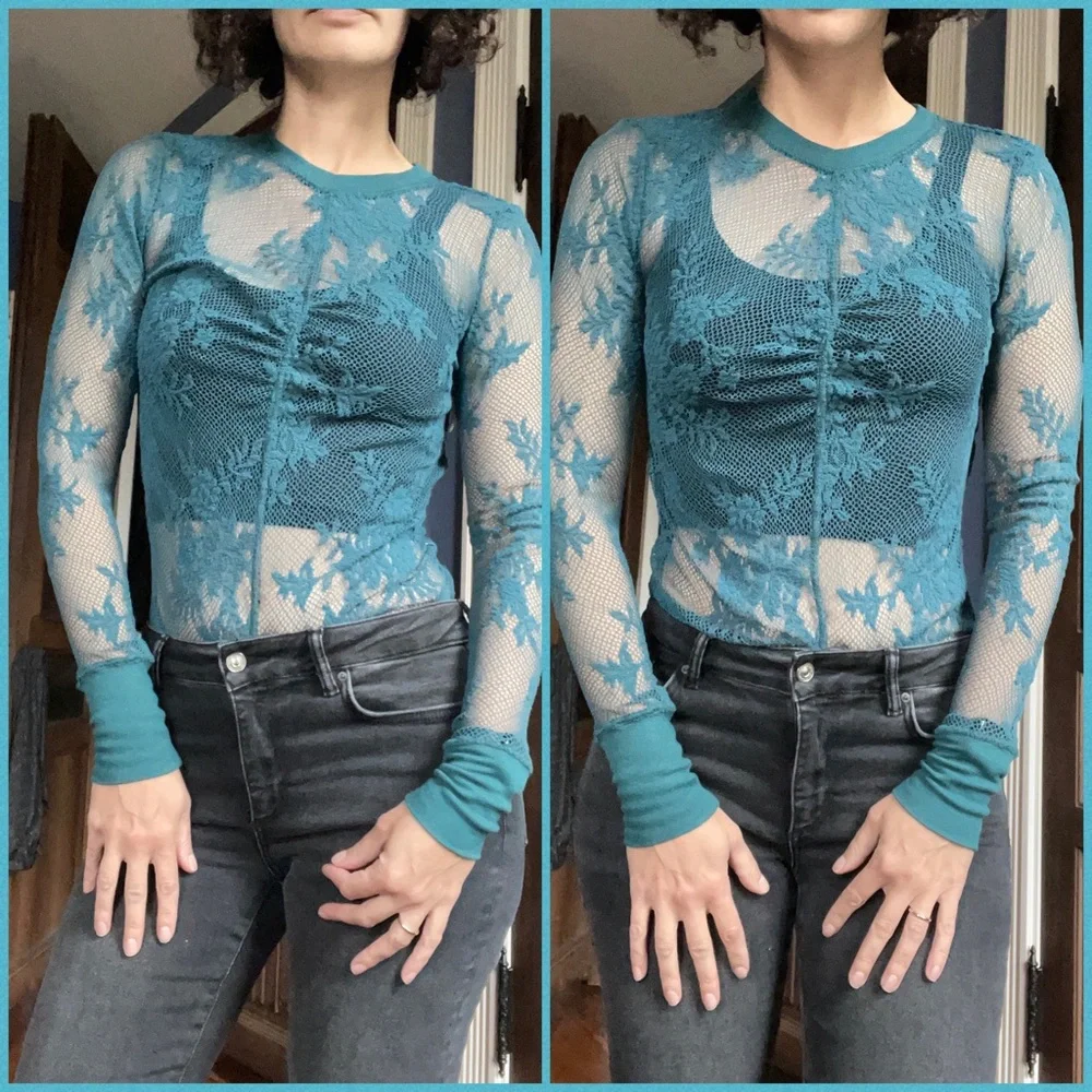 Intimately Free People Floral Mesh Layering Top Teal Sz Small
